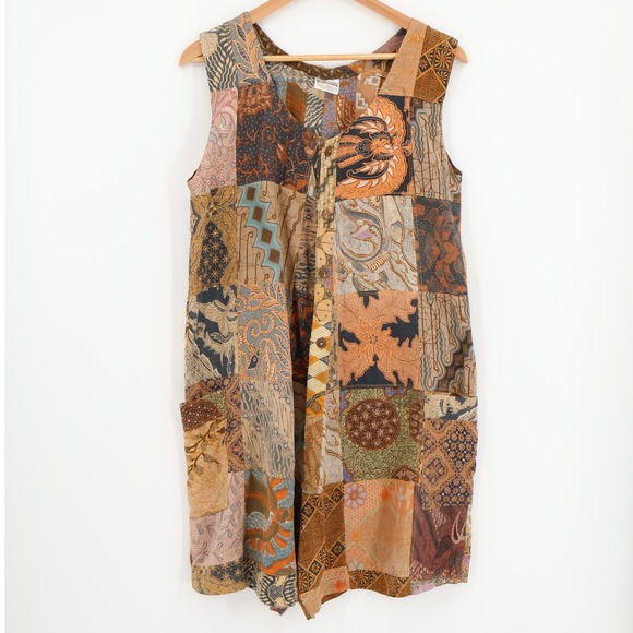 Vtg Kosi Bali Patchwork Romper Boho Cottage Cottage Pockets Batik Size M - Picture 1 of 10